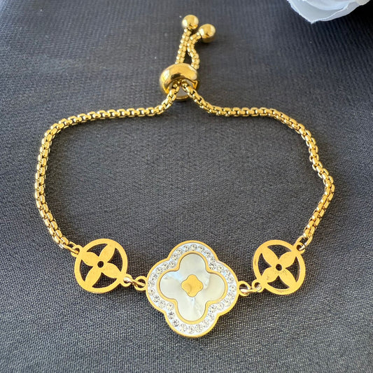 Bracelet - Stainless steel gold white flower