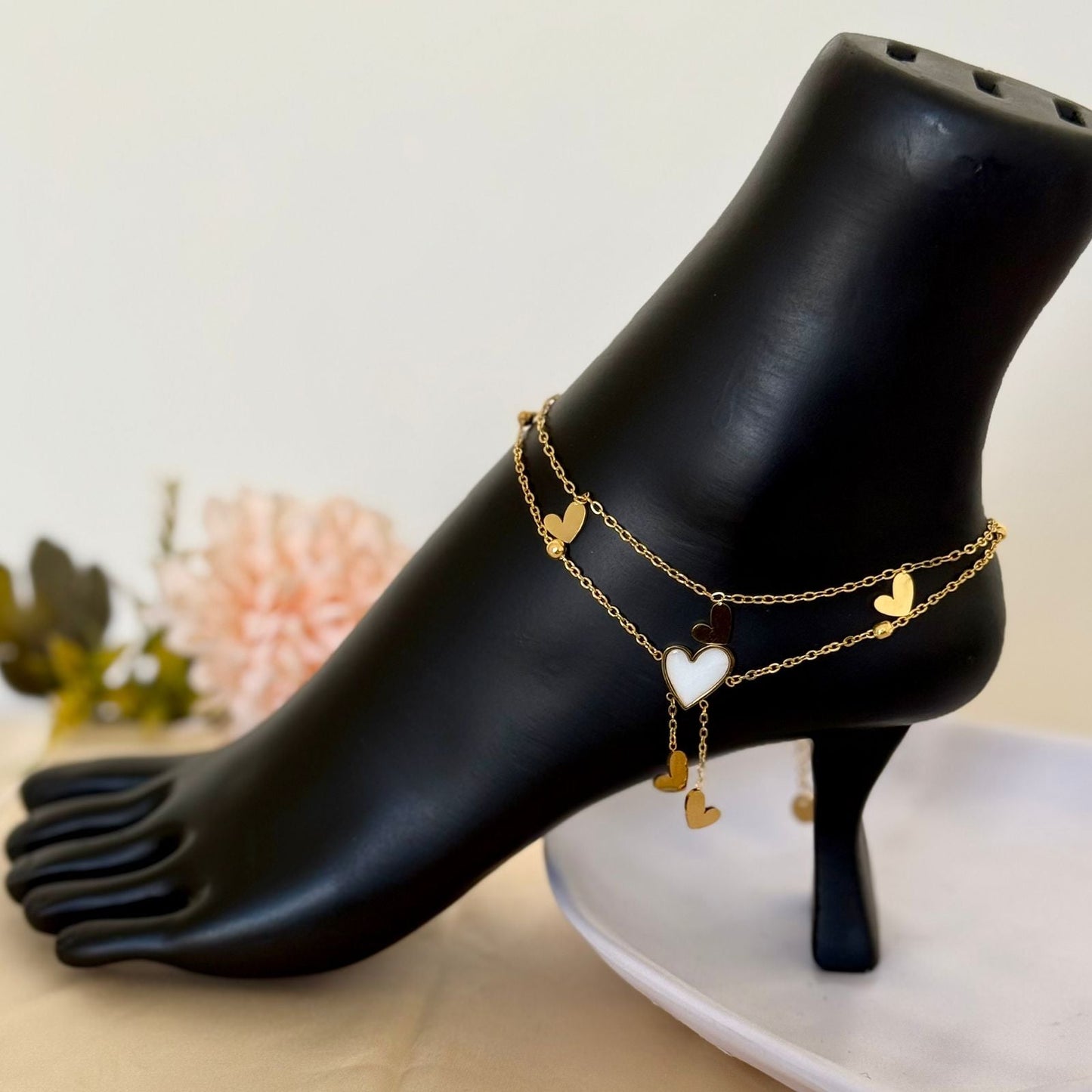 Anklet - stainless steel Gold and white heart