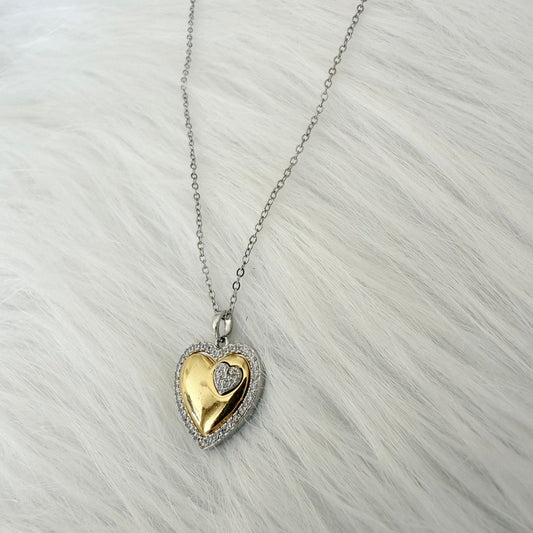 Stainless Steel- Silver chain with gold heart and zircon