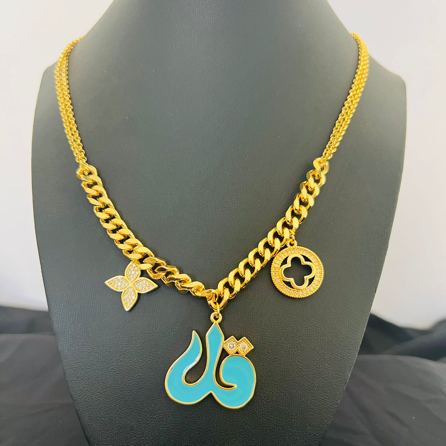 Necklace - Big turquoise-Gold kol