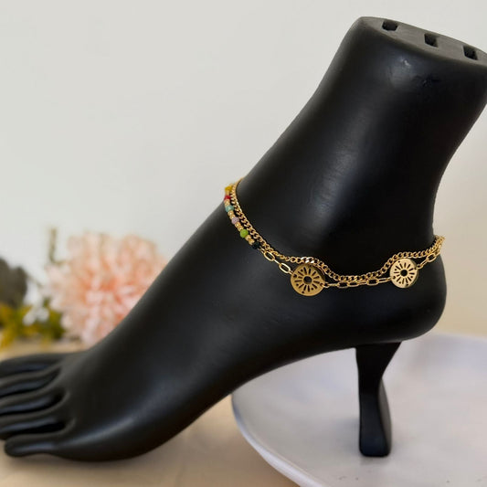 Anklet - stainless steel gold colourful beads