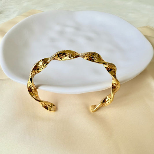 Bracelet - Gold-plated open bangle simple twisted stones