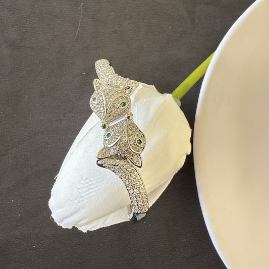 Bracelet - Silver zircon two cat head green eye