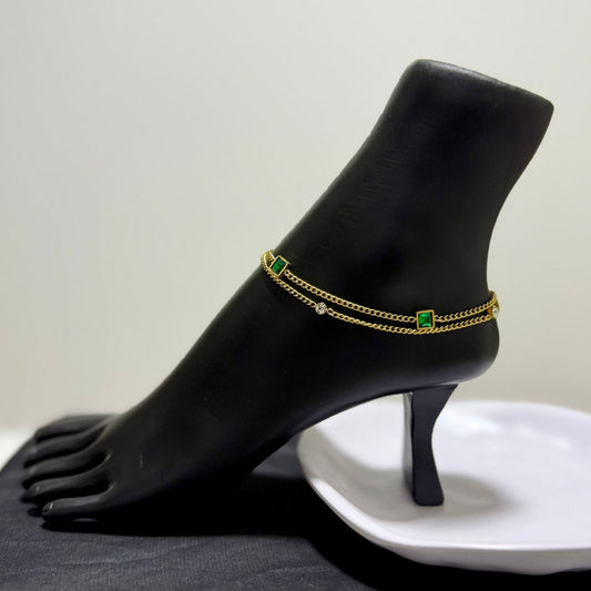 Anklet - stainless steel gold chain green zircon