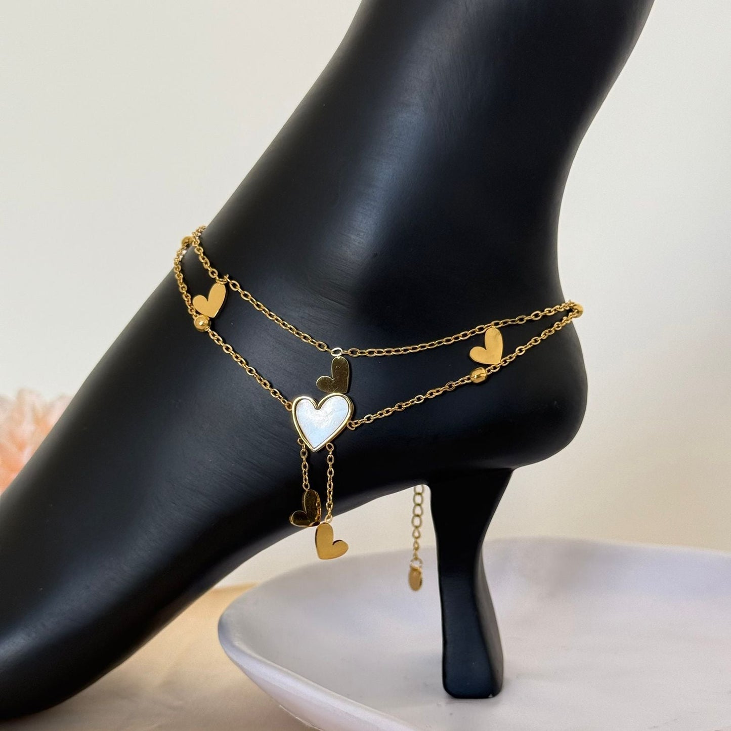 Anklet - stainless steel Gold and white heart