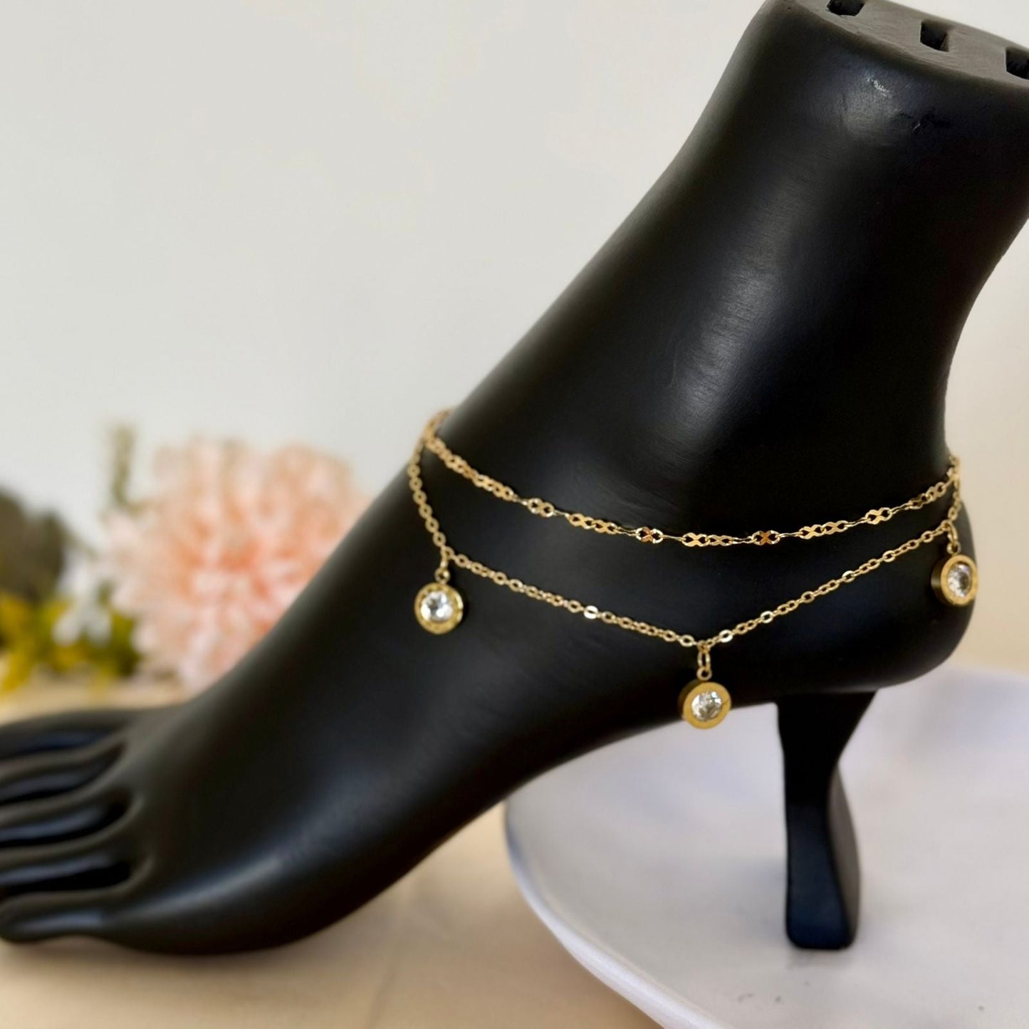 Anklet - stainless steel chain white stones