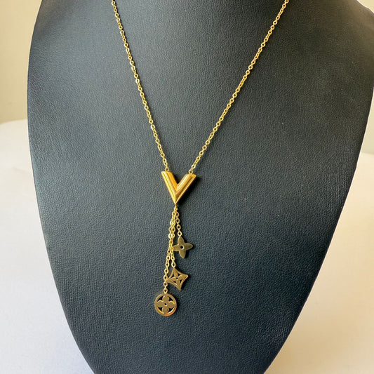 Stainless Steel- Gold necklace V with pendants