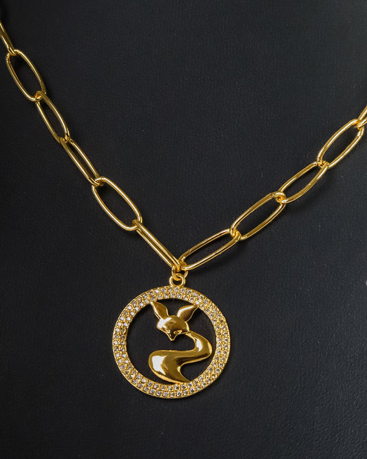 Necklace - Gold cat with Zircon stones circle