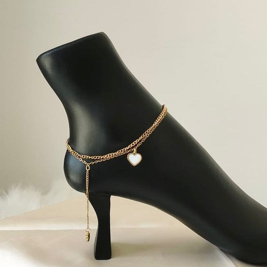CmAnklet - stainless steel gold heart with white heart