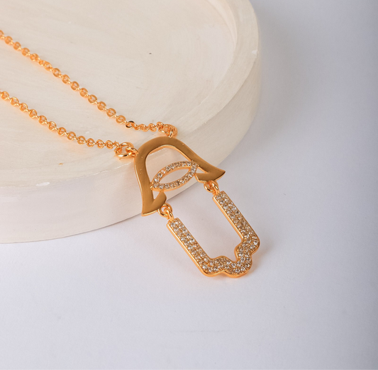 Necklace - Gold palm and eye zircon stones