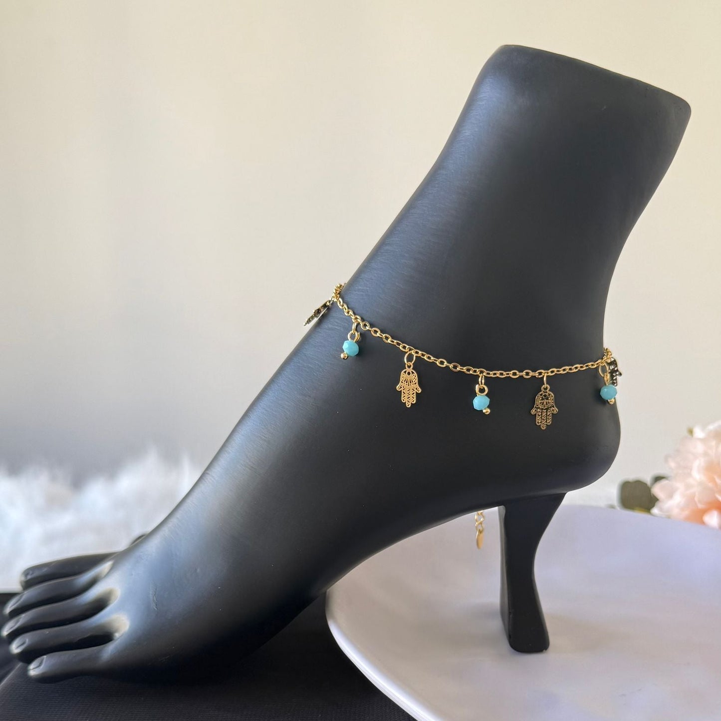 Anklet - blue beads and palm
