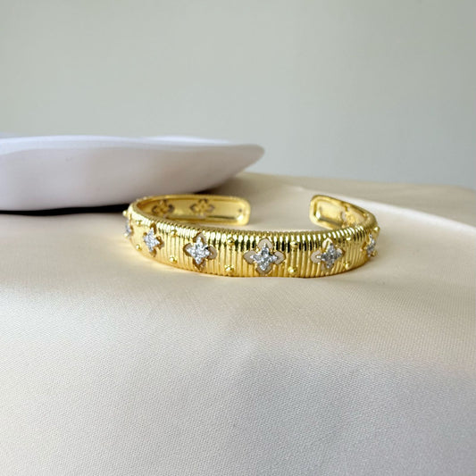 Bracelet - Gold-plated open bangle simple clover stones