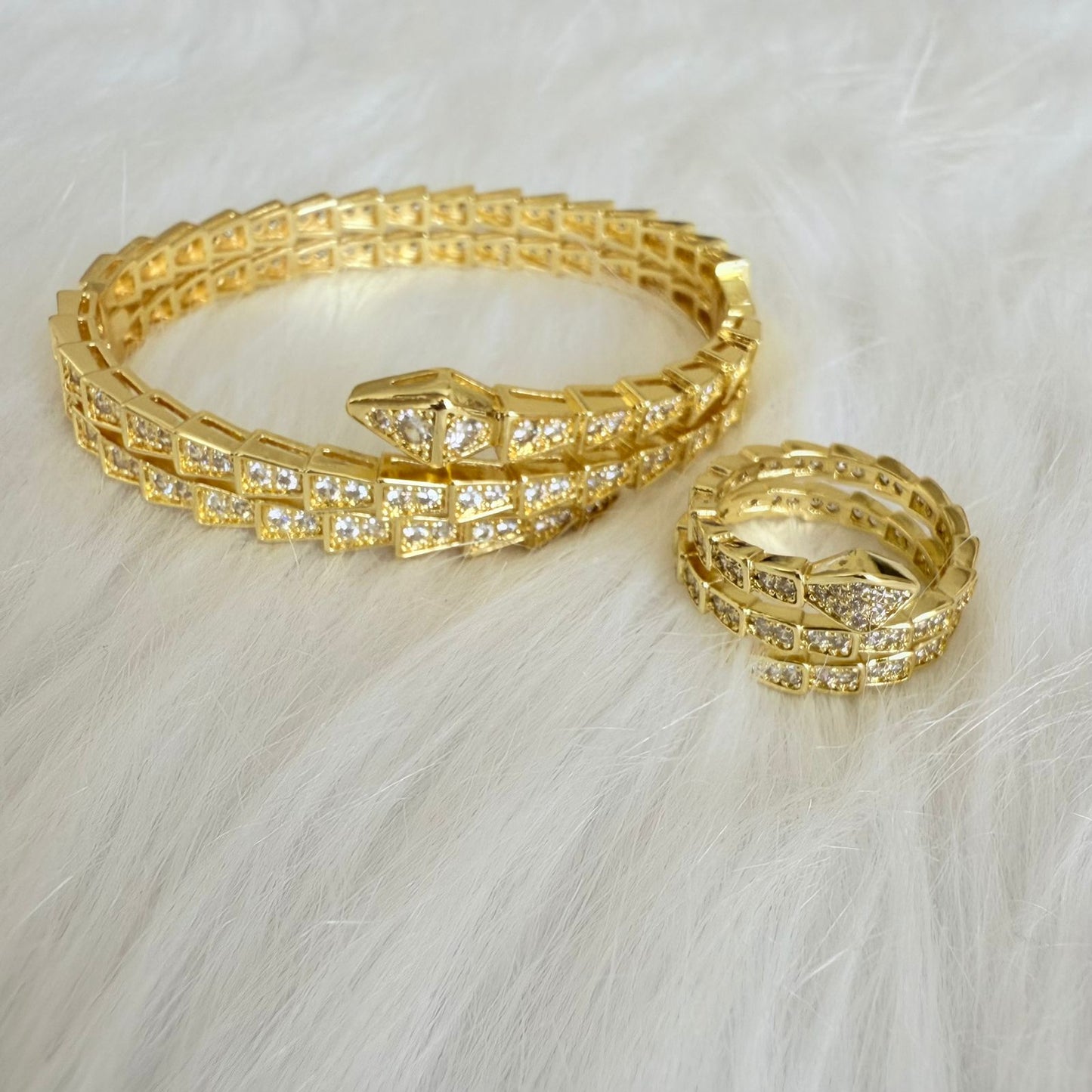 Set - 2 pieces bracelet and ring  size 7 twisted zircon snake