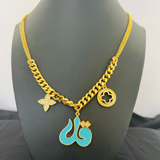 Necklace - Big turquoise-Gold kol