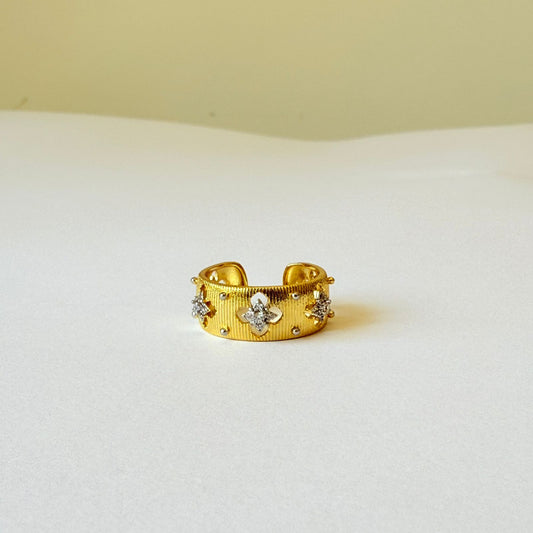 Ring - Gold-plated ring free size zigzag clover zircon