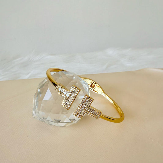 Bracelet - Gold open two sides bangle with zircon