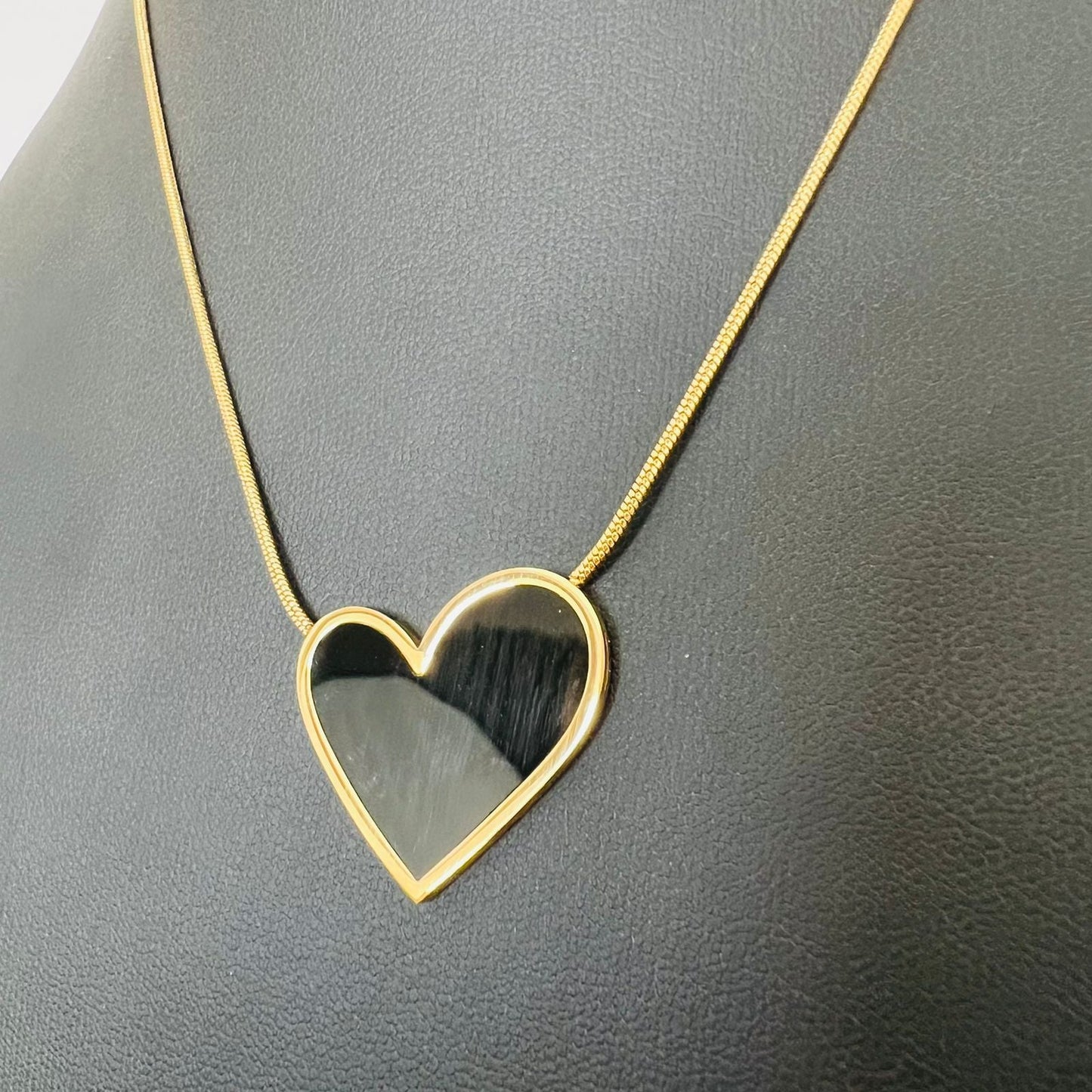 Necklace - stainless steel big black heart