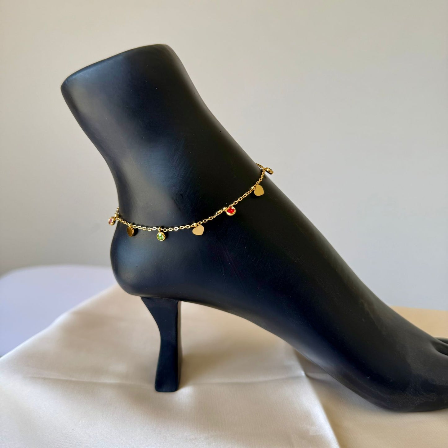 Anklet - stainless steel gold heart and colourful stones