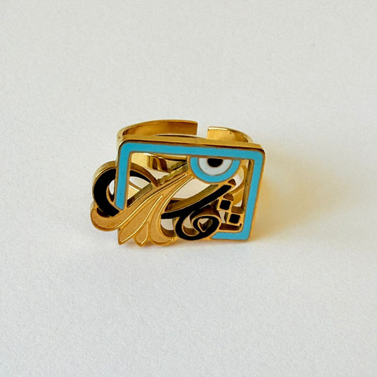 Ring - stainless steel free size gold square kol and eye shape