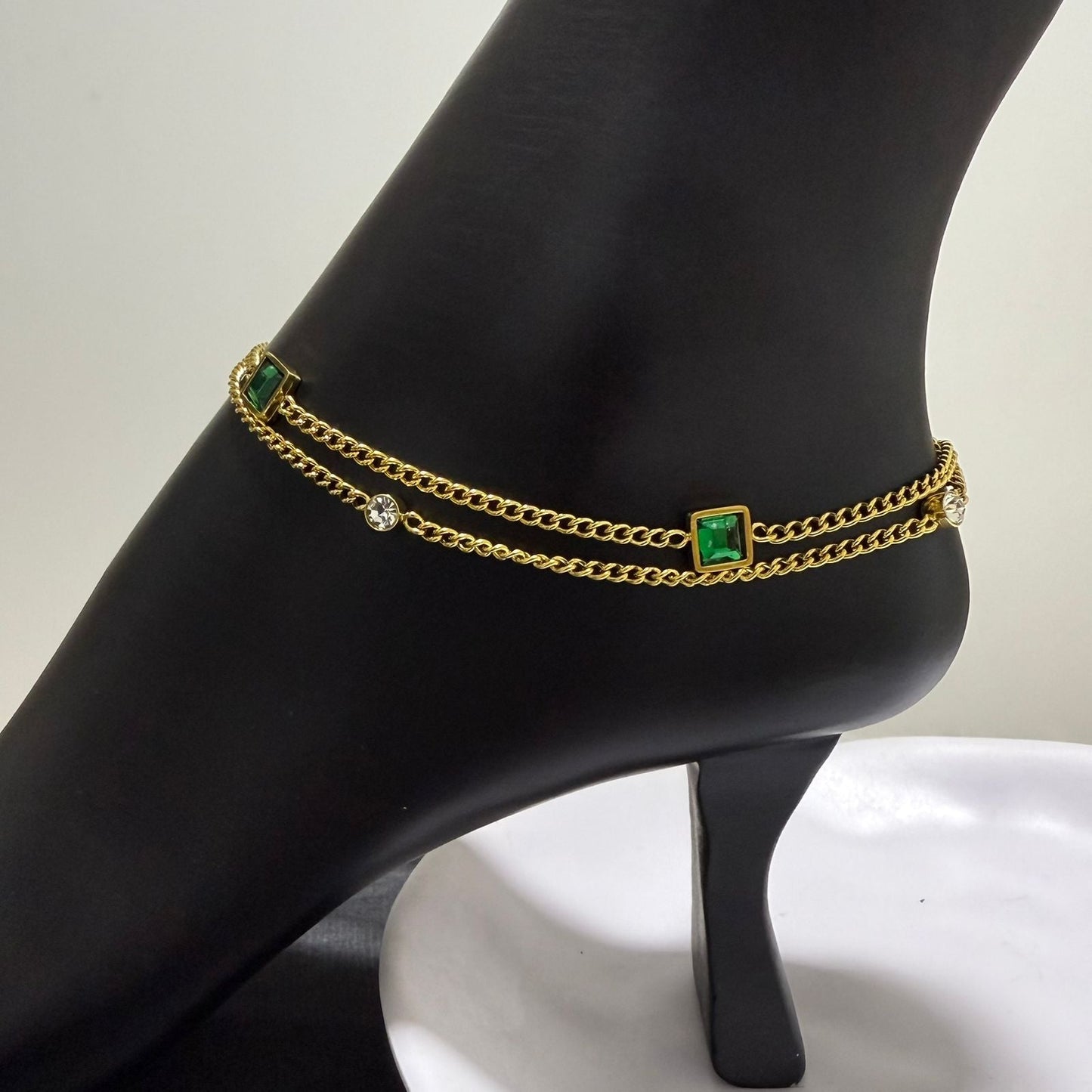 Anklet - stainless steel gold chain green zircon