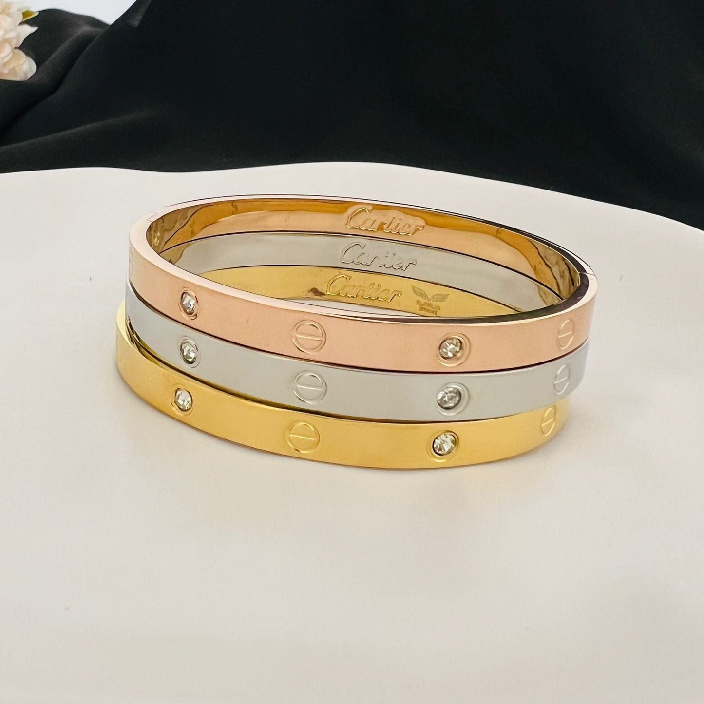Stainless steel- 3 colors bangles with stones medium size