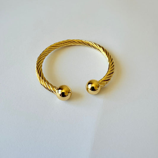 Stainless steel- Open bangle twisted with two balls