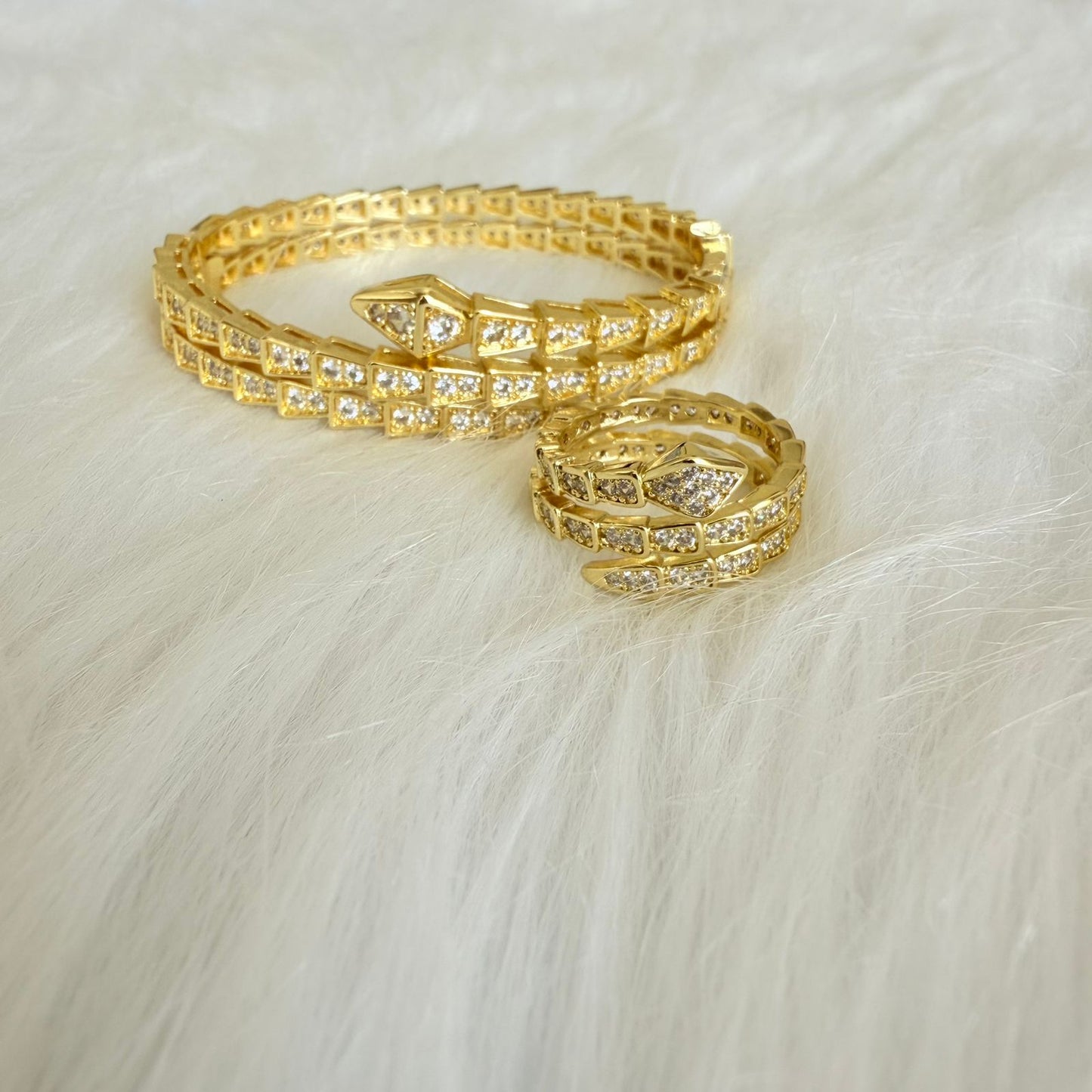 Set - 2 pieces bracelet and ring  size 7 twisted zircon snake