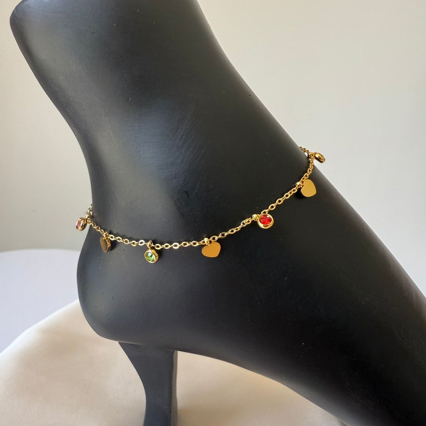 Anklet - stainless steel gold heart and colourful stones