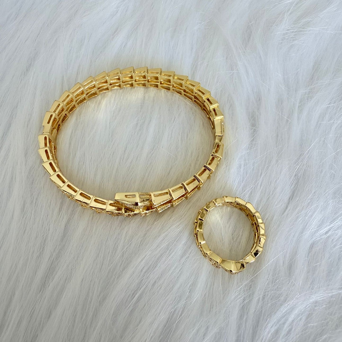 Set - 2 pieces bracelet and ring  size 7 twisted zircon snake